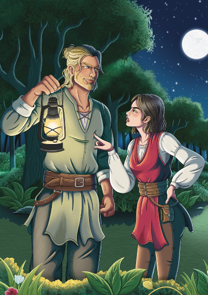 Two characters in a forest at night with a lantern