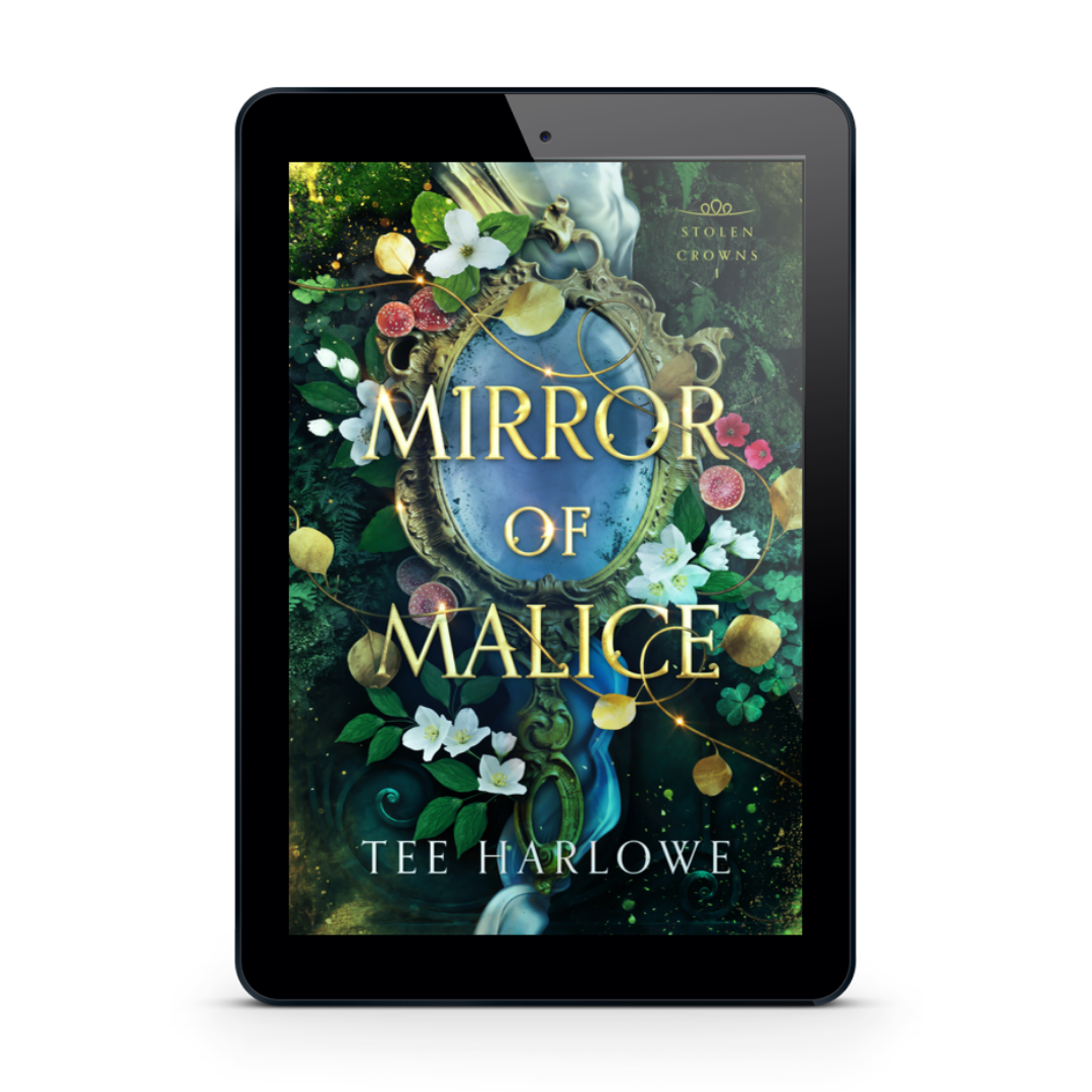 E-reader displaying the book cover of 'Mirror of Malice' by Tee Harlowe on a white background