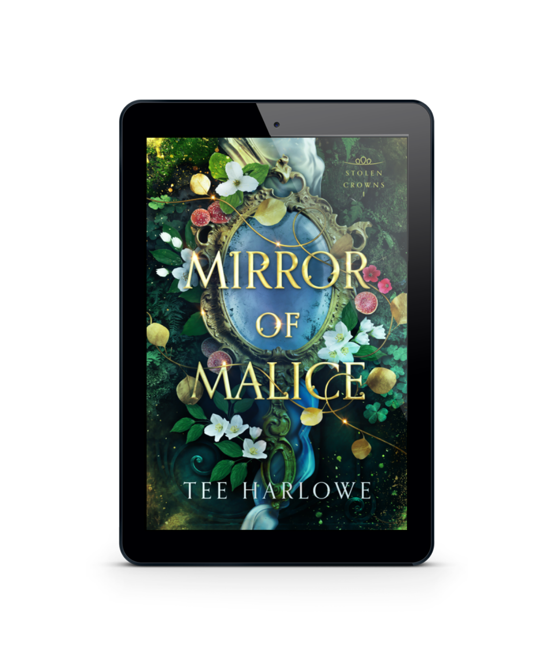 E-reader displaying the book cover of 'Mirror of Malice' by Tee Harlowe on a white background