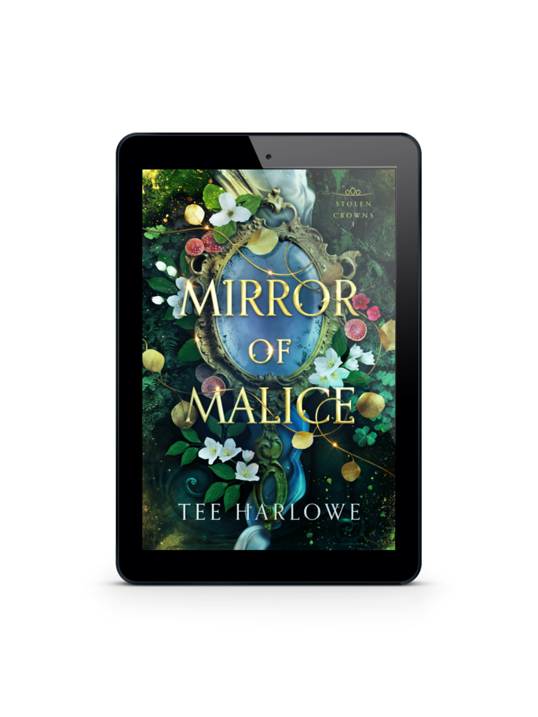 E-reader displaying the book cover of 'Mirror of Malice' by Tee Harlowe on a white background