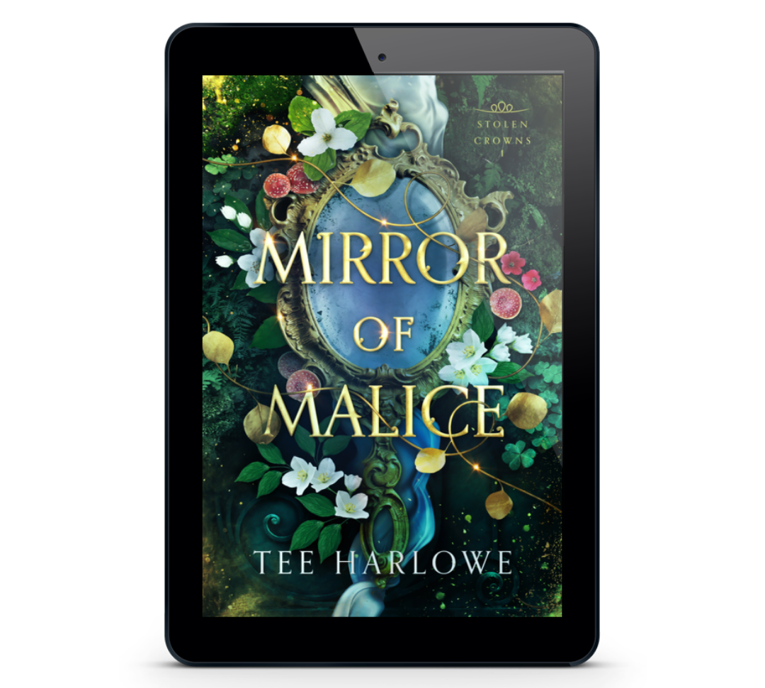 E-reader displaying the book cover of 'Mirror of Malice' by Tee Harlowe on a white background