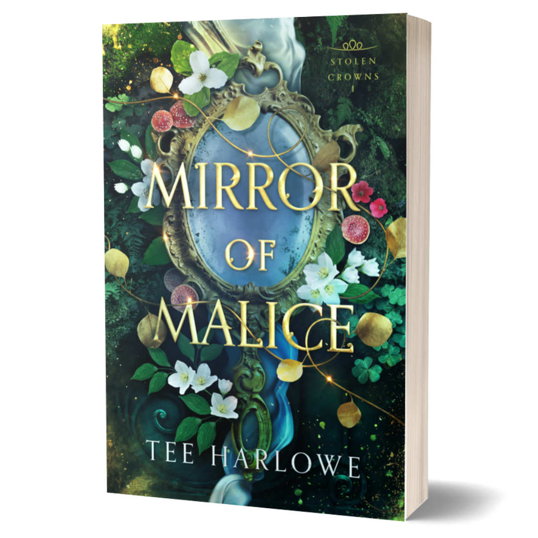 Book cover of 'Mirror of Malice' by Tee Harlowe with decorative elements and floral design.