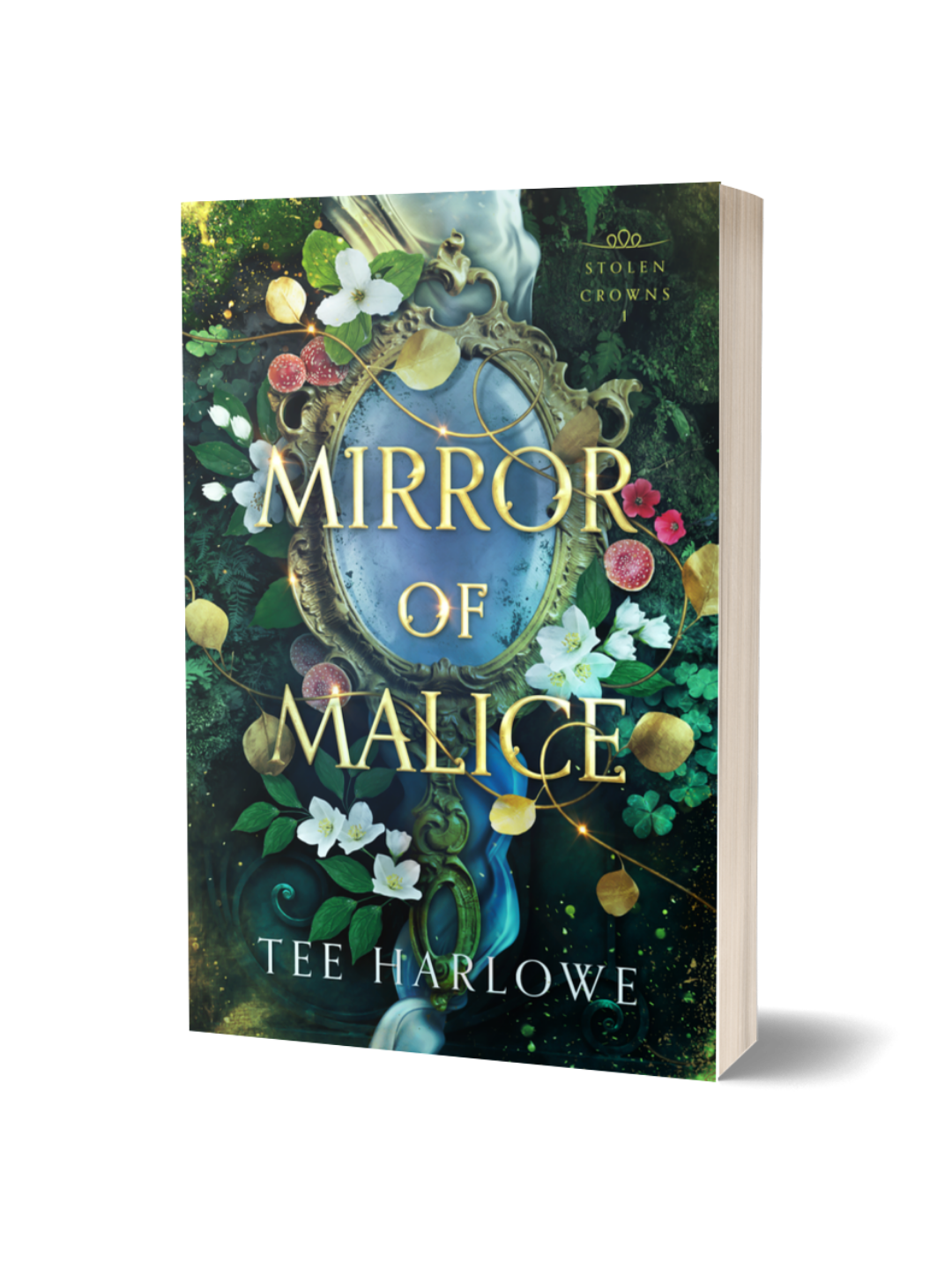 Book cover of 'Mirror of Malice' by Tee Harlowe with decorative elements and floral design.