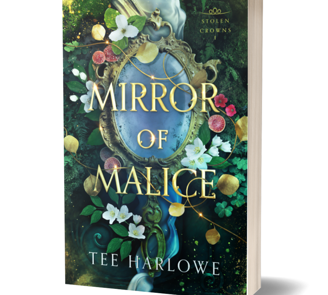 Book cover of 'Mirror of Malice' by Tee Harlowe with decorative elements and floral design.