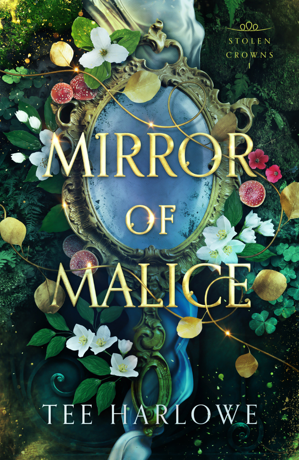 Book cover of 'Mirror of Malice' with a mirror and floral elements.