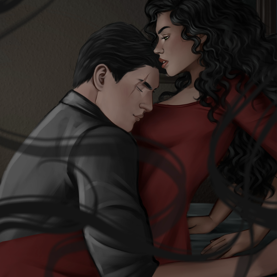 Illustration of a couple sitting close together, with a warm and intimate atmosphere.