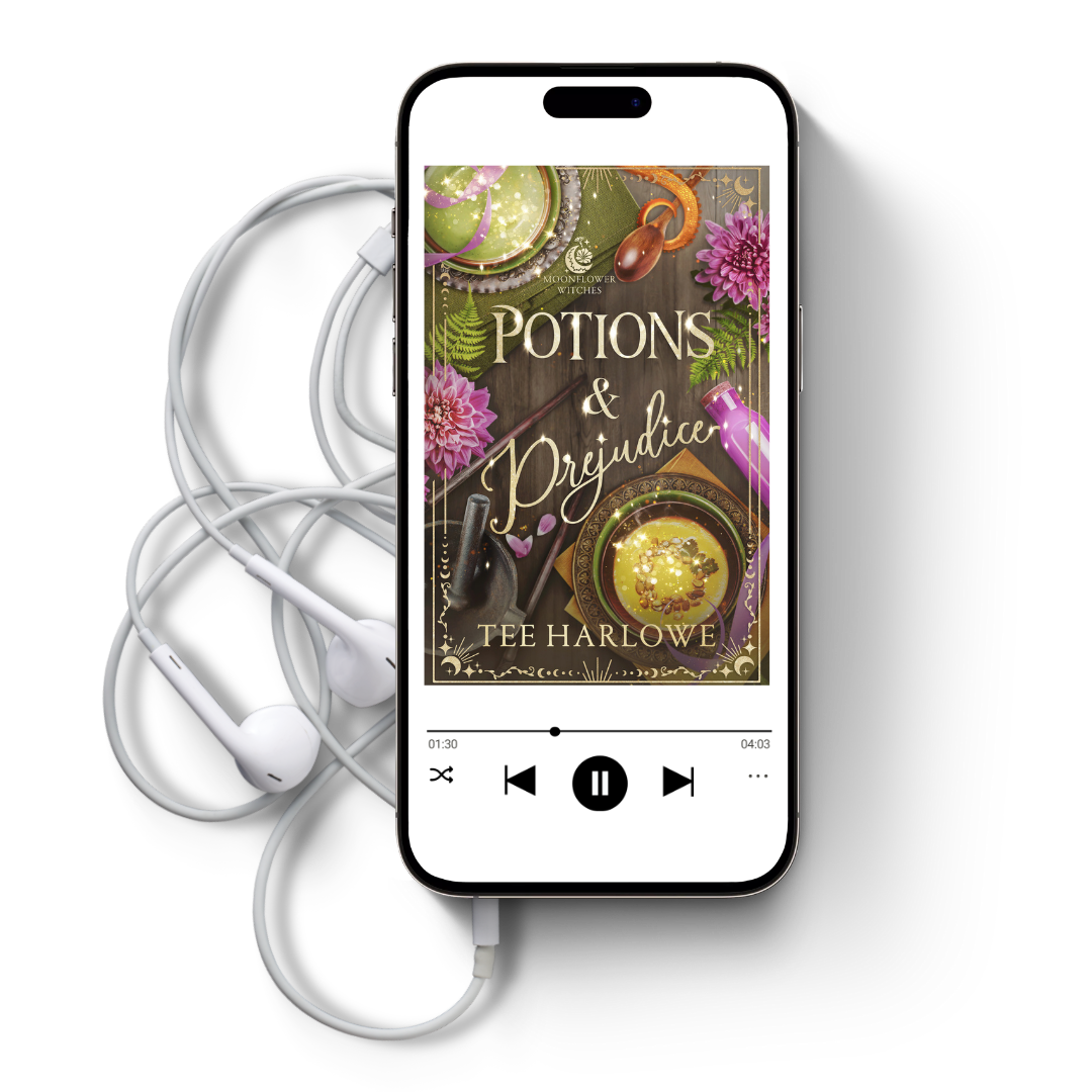 Phone displaying an audiobook cover titled 'Potions & Prejudice' by Rae Harlowe, with earbuds on a white background.