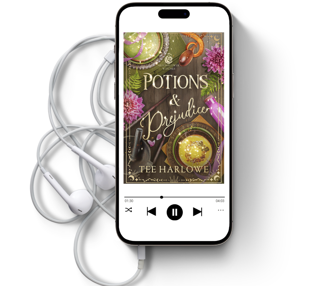 Phone displaying an audiobook cover titled 'Potions & Prejudice' by Rae Harlowe, with earbuds on a white background.