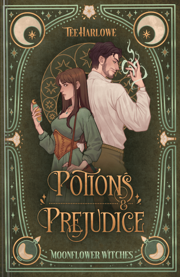 Book cover of 'Potions Prejudice' by Tee Harlowe featuring two characters and decorative elements.