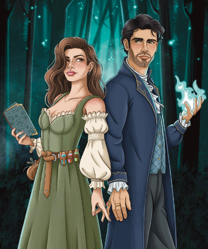Illustration of a man and woman in a fantasy setting with magical elements.