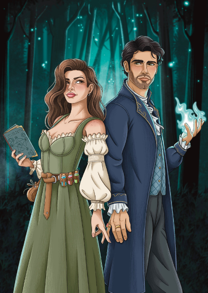 Illustration of a man and woman in a fantasy setting with magical elements.