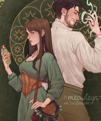 Illustration of a man and woman in period clothing with a decorative background