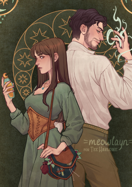 Illustration of a man and woman in period clothing with a decorative background