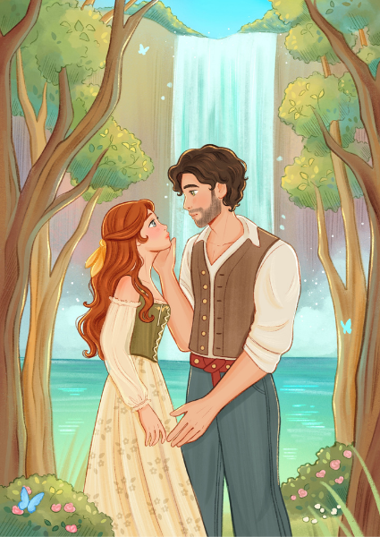 Illustration of a couple in love with a waterfall in the background