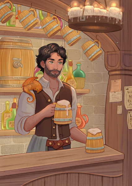 Illustration of a barkeep with a drink in a cozy tavern setting
