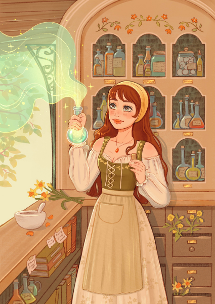 Illustration of a woman in a potion lab with various bottles and ingredients.