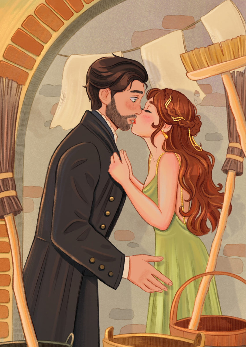 Illustration of a couple embracing with a rustic background