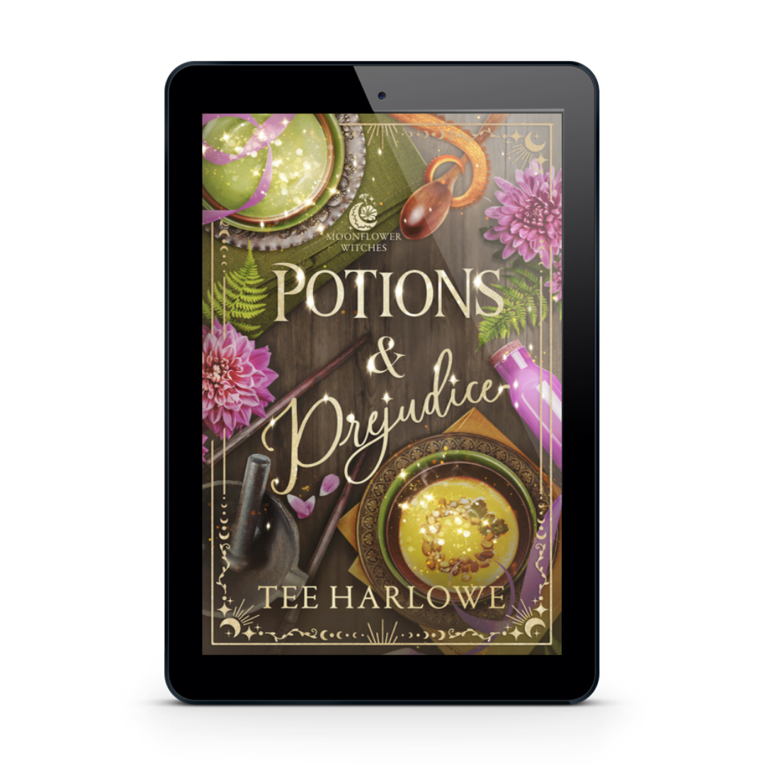 Ebook cover of 'Potions & Prejudice' by Tee Harlowe on a tablet screen.