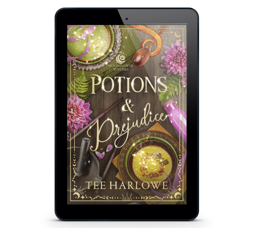 Ebook cover of 'Potions & Prejudice' by Tee Harlowe on a tablet screen.