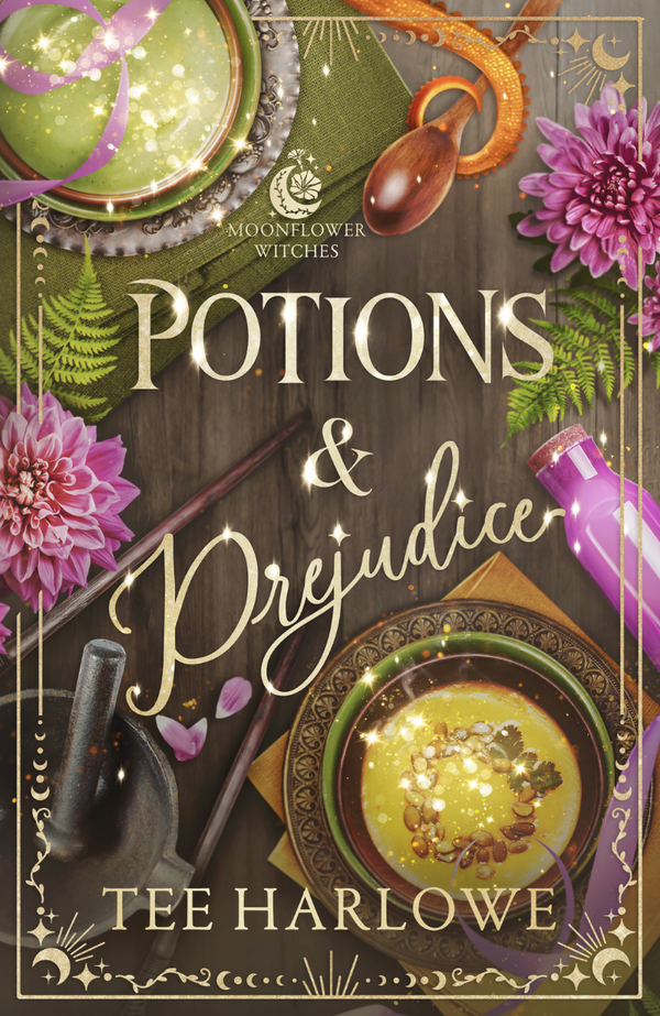Book cover of 'Potions & Prejudice' by Tee Harlowe with potion bottles and flowers.