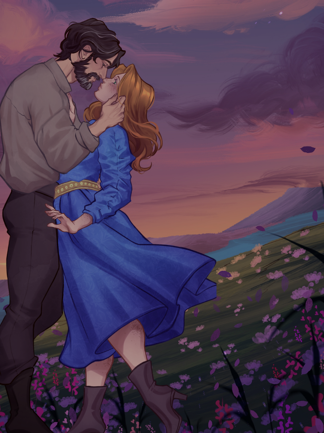 Couple embracing in a field with a purple sky
