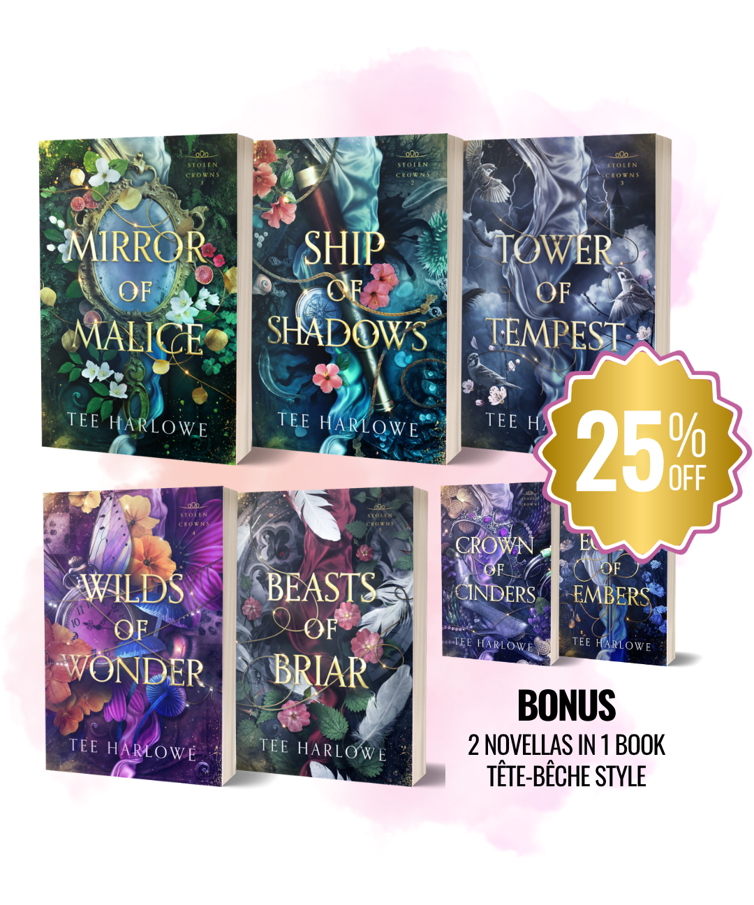 Collection of books by Tee Harlowe with colorful covers and a discount badge.
