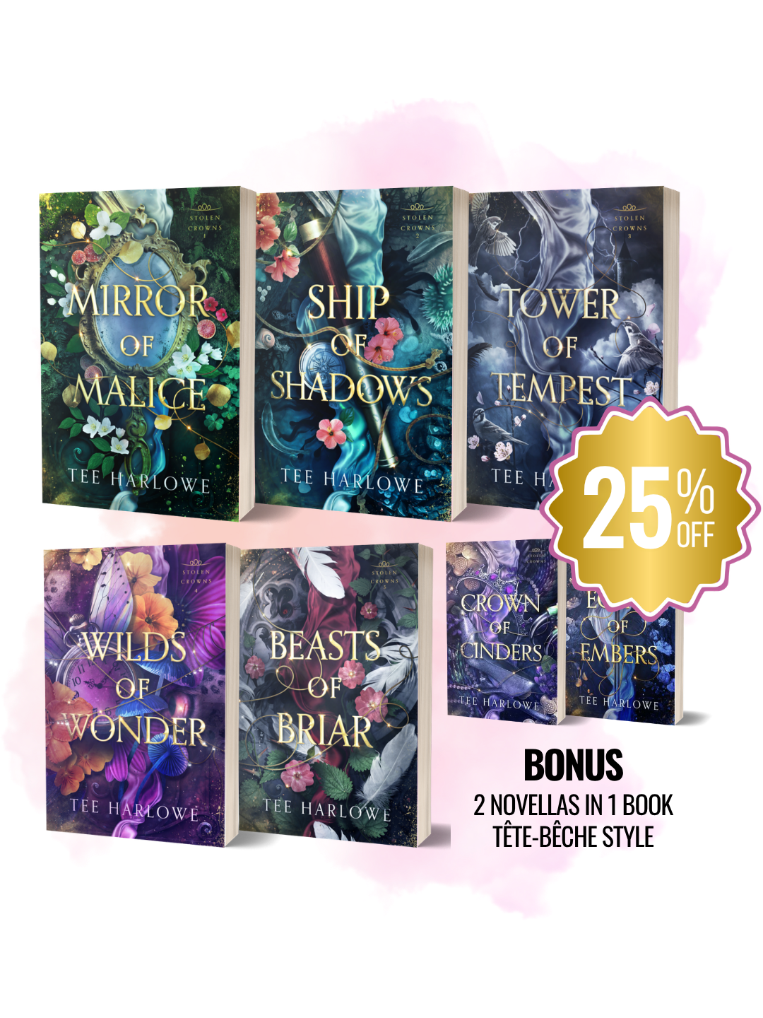 Collection of books by Tee Harlowe with colorful covers and a discount badge.