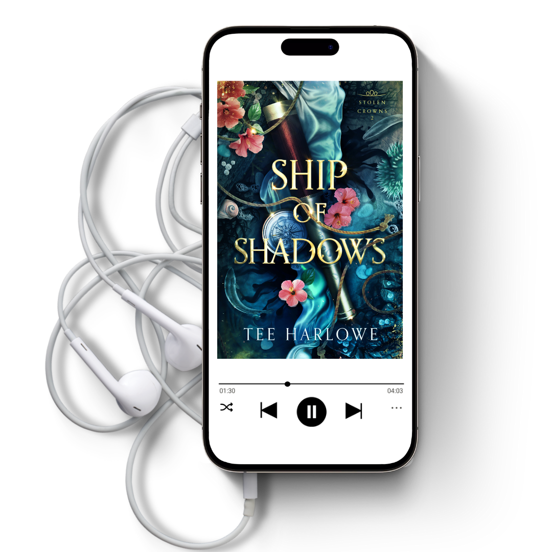 Phone displaying 'Ship of Shadows' by Tee Harlowe with earphones on a white background
