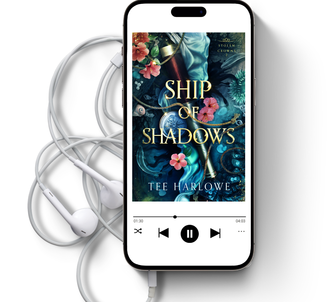 Phone displaying 'Ship of Shadows' by Tee Harlowe with earphones on a white background