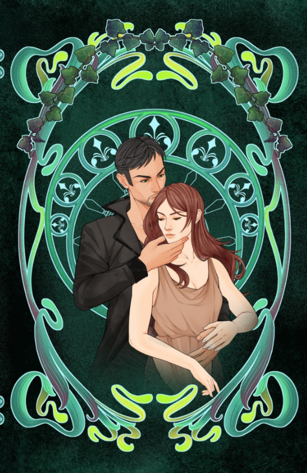 Illustration of a couple embraced within an ornate green frame on a dark background