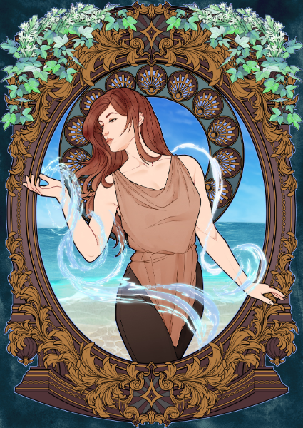 Artistic depiction of a woman with water elements in an ornate frame