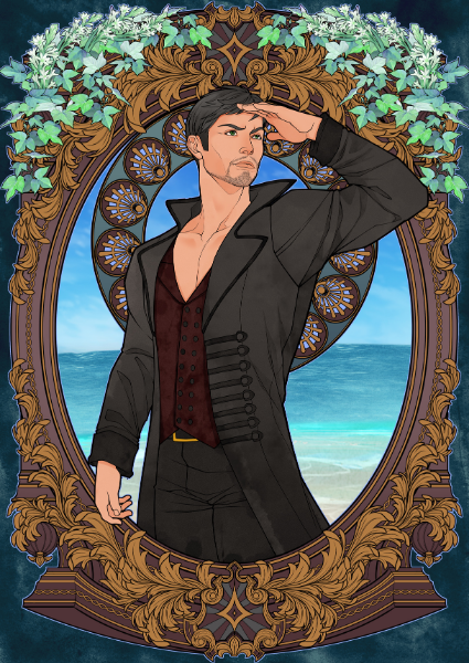Man in formal attire with decorative frame and ocean background