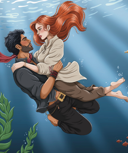 Illustration of a couple embracing underwater with blue water and green plants.