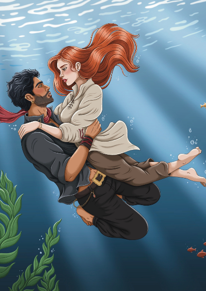 Illustration of a couple embracing underwater with blue water and green plants.