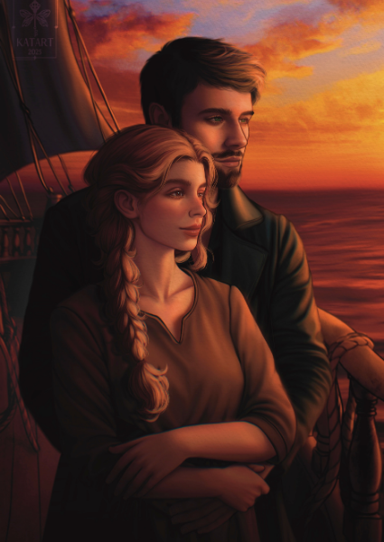 Couple on a ship at sunset with warm colors