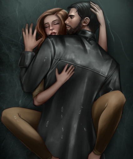 Two people embracing under a dark coat on a textured gray background