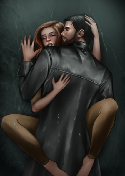 Two people embracing under a dark coat on a textured gray background