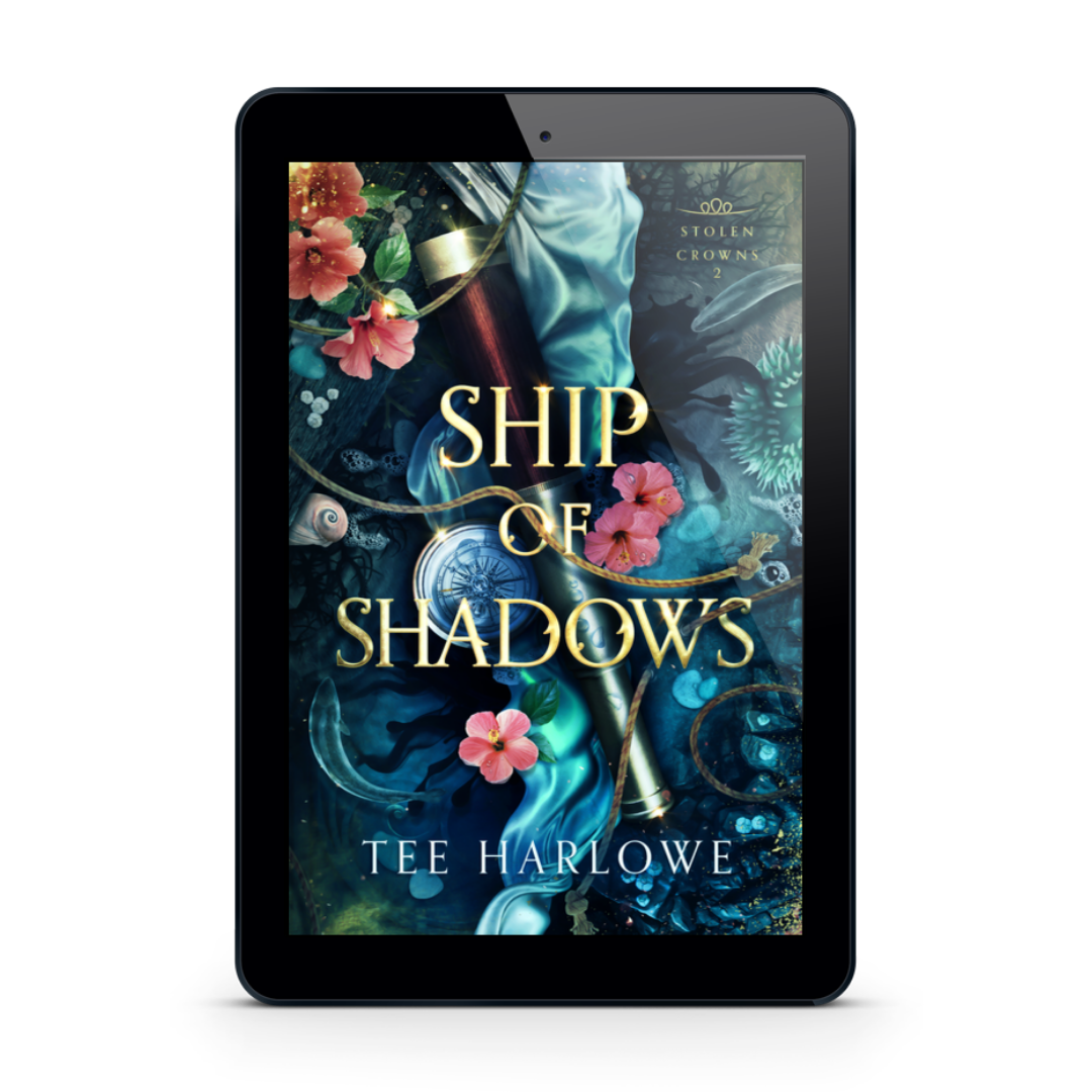E-reader displaying the book cover of 'Ship of Shadows' by Tee Harlowe on a white background