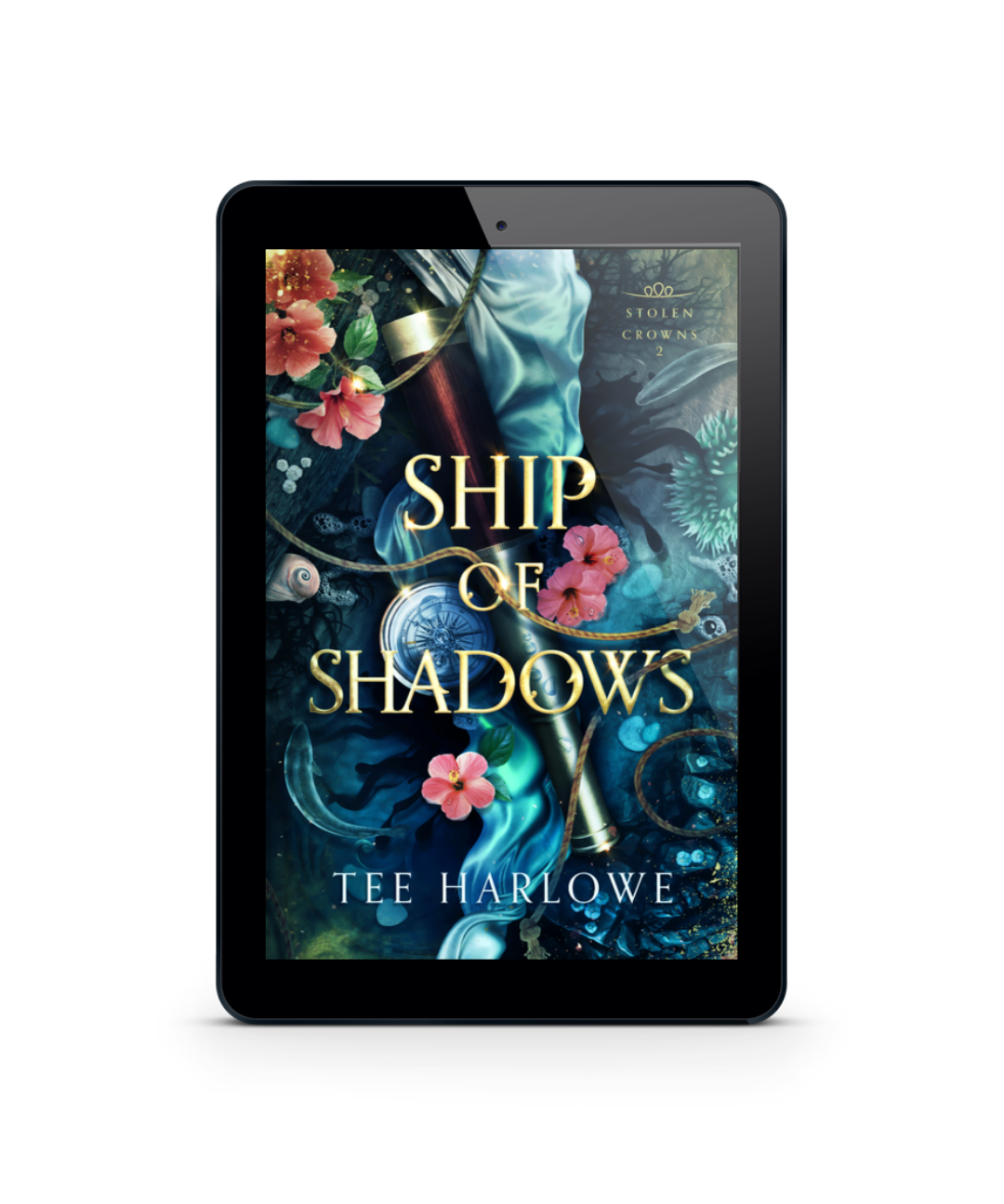 E-reader displaying the book cover of 'Ship of Shadows' by Tee Harlowe on a white background