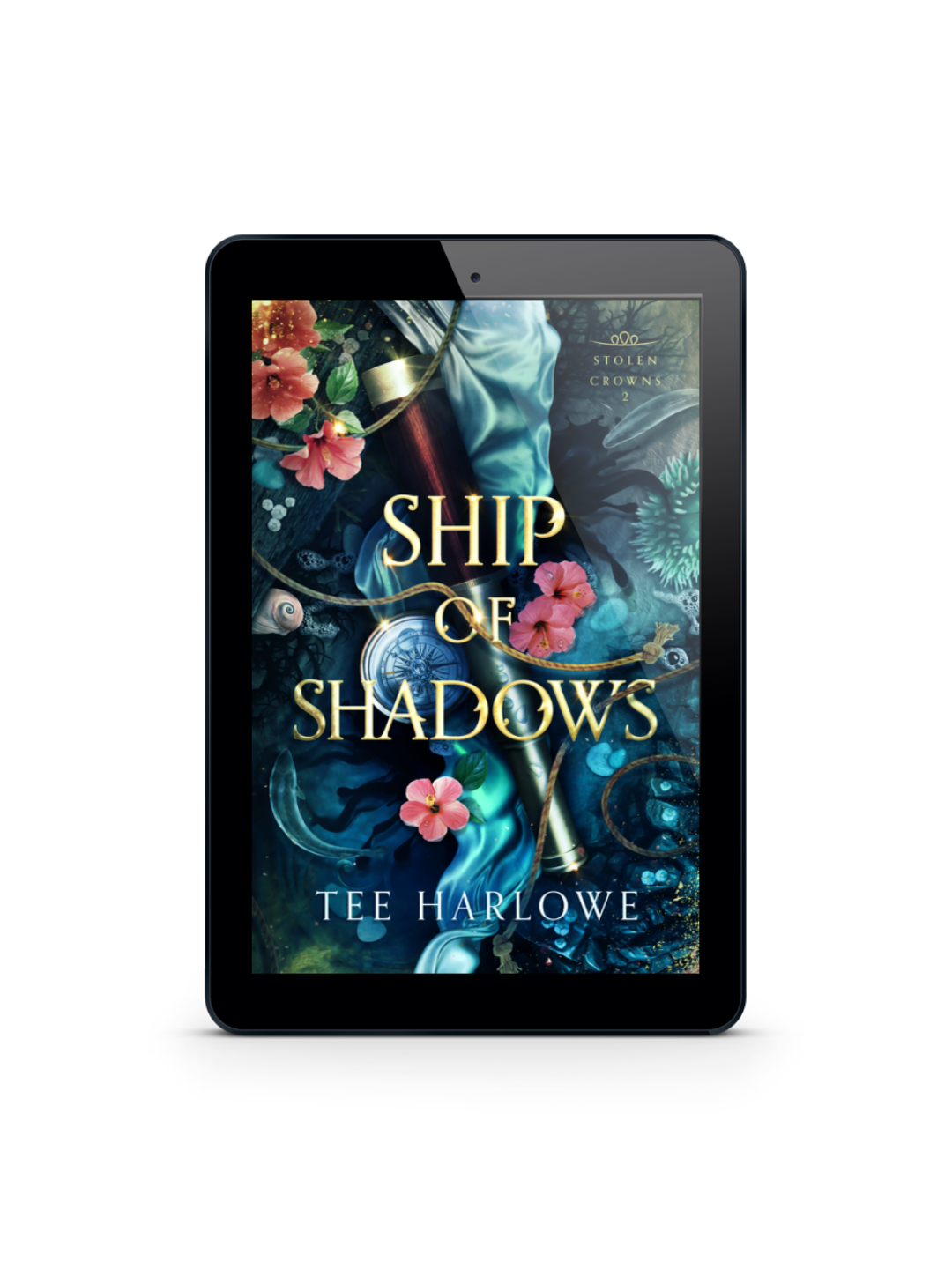 E-reader displaying the book cover of 'Ship of Shadows' by Tee Harlowe on a white background