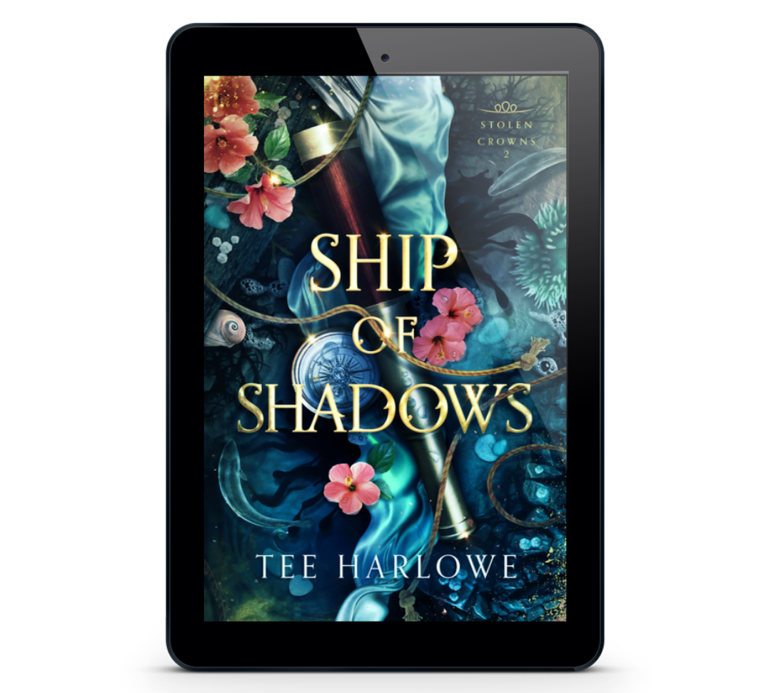 E-reader displaying the book cover of 'Ship of Shadows' by Tee Harlowe on a white background