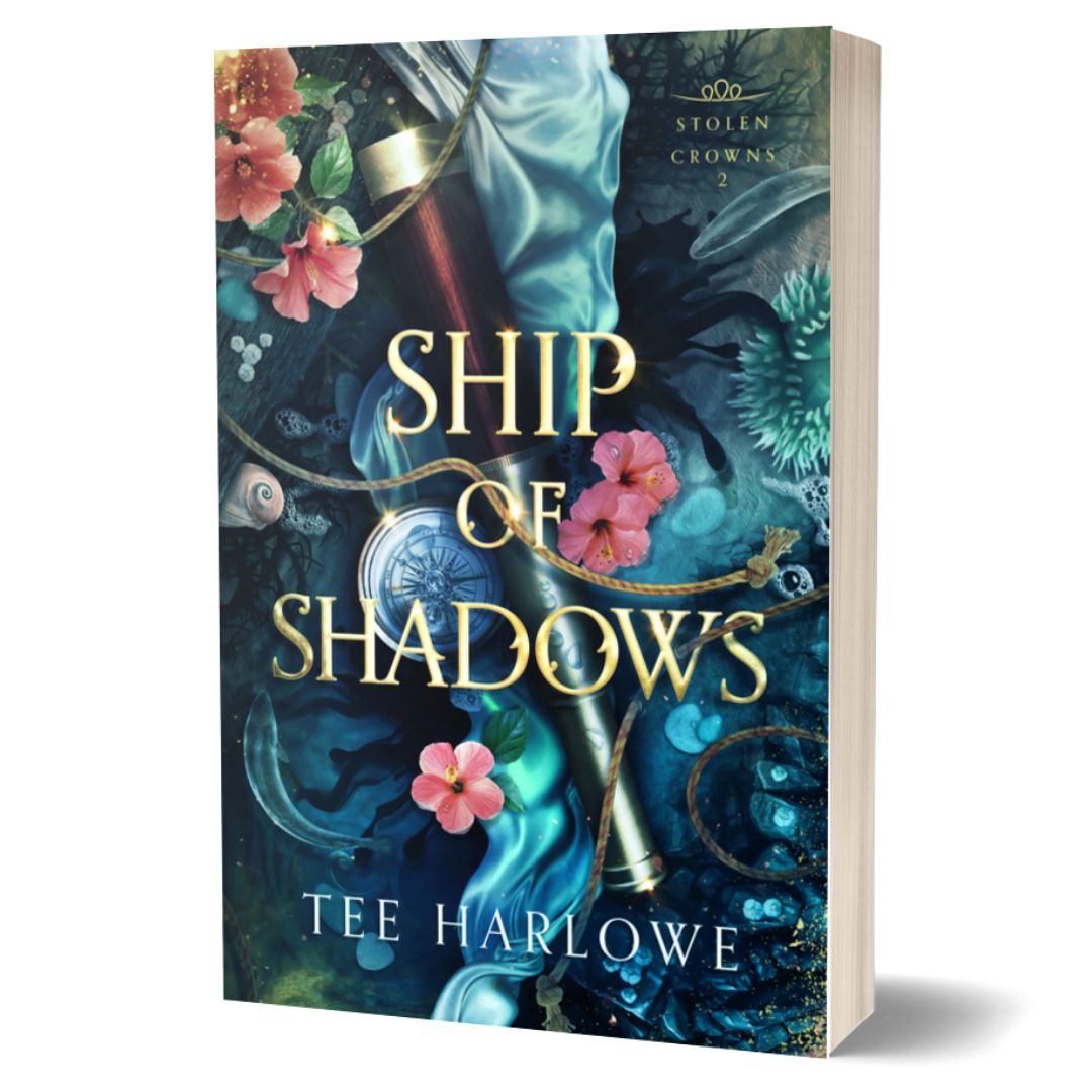 Book cover of 'Ship of Shadows' by Tee Harlowe with decorative elements and flowers.