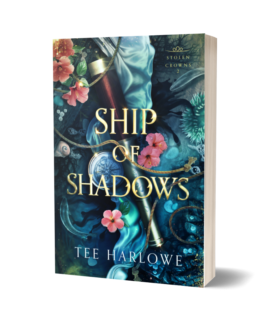 Book cover of 'Ship of Shadows' by Tee Harlowe with decorative elements and flowers.