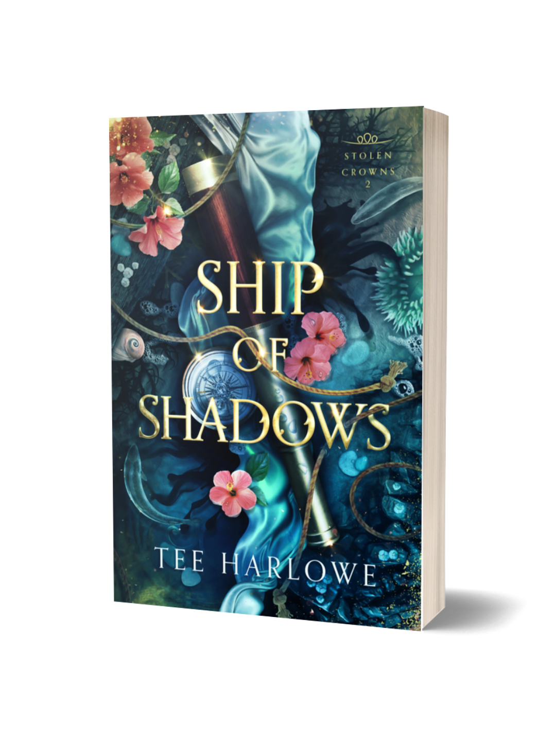 Book cover of 'Ship of Shadows' by Tee Harlowe with decorative elements and flowers.