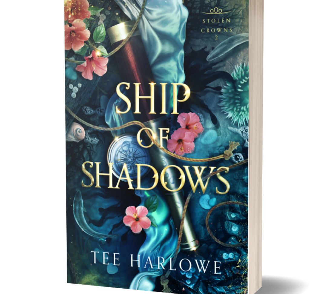 Book cover of 'Ship of Shadows' by Tee Harlowe with decorative elements and flowers.