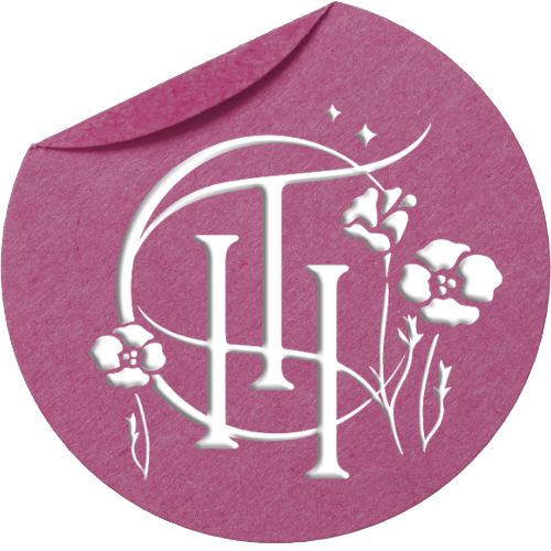 Pink circular design with white TH monogram and floral elements