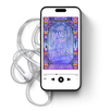 Phone displaying an audiobook cover with earphones on a white background