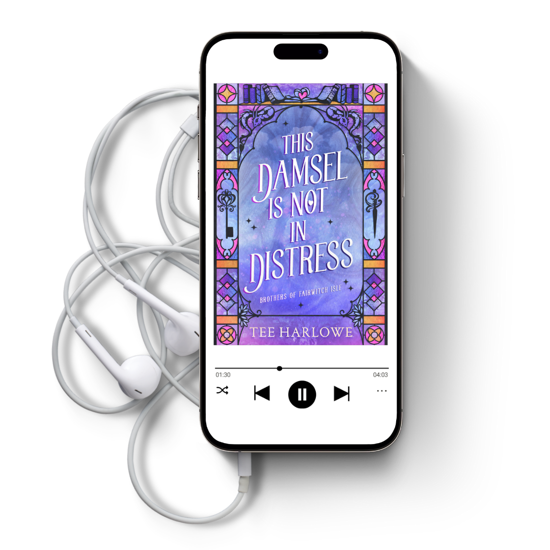 Phone displaying an audiobook cover with earphones on a white background