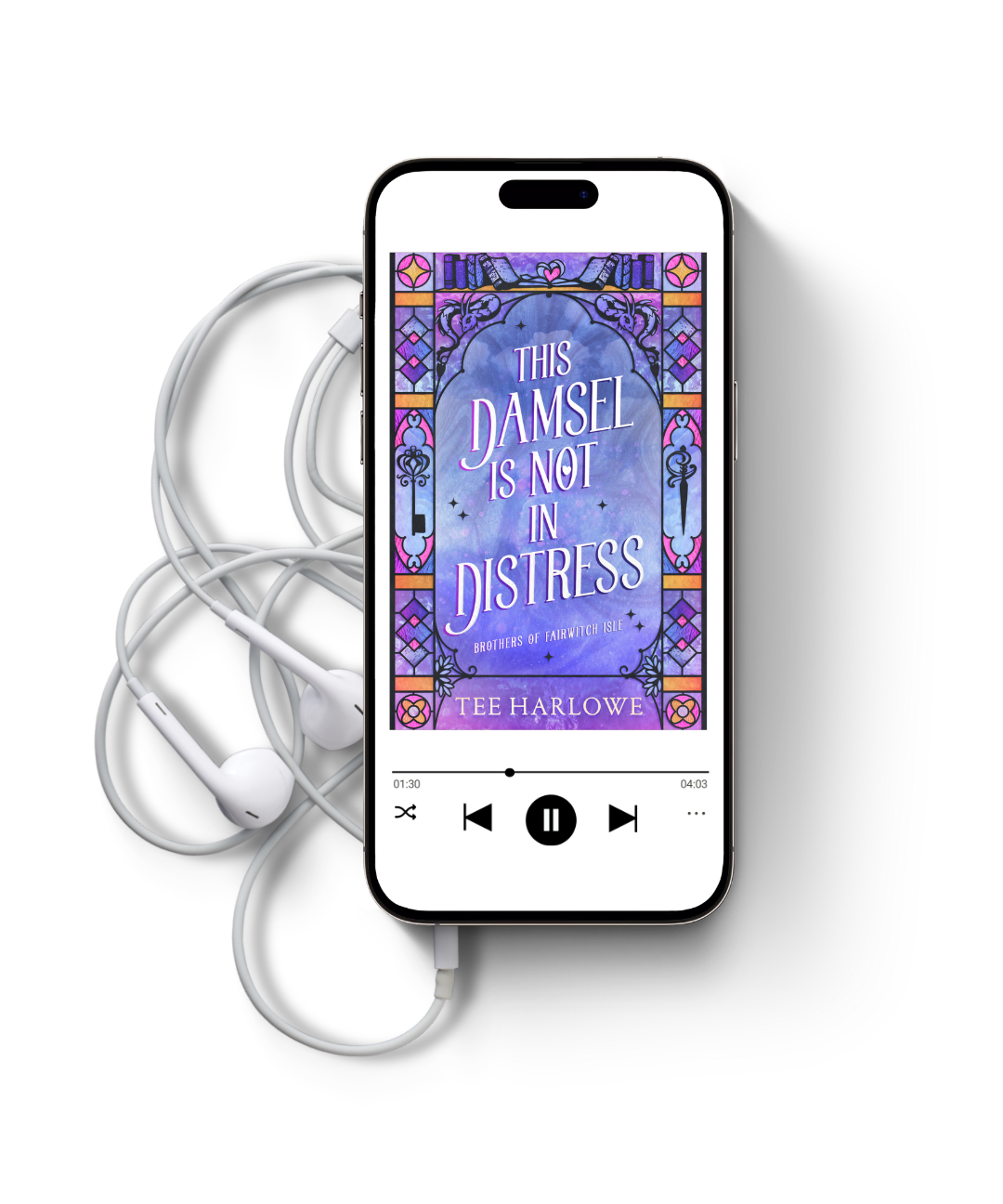 Phone displaying an audiobook cover with earphones on a white background