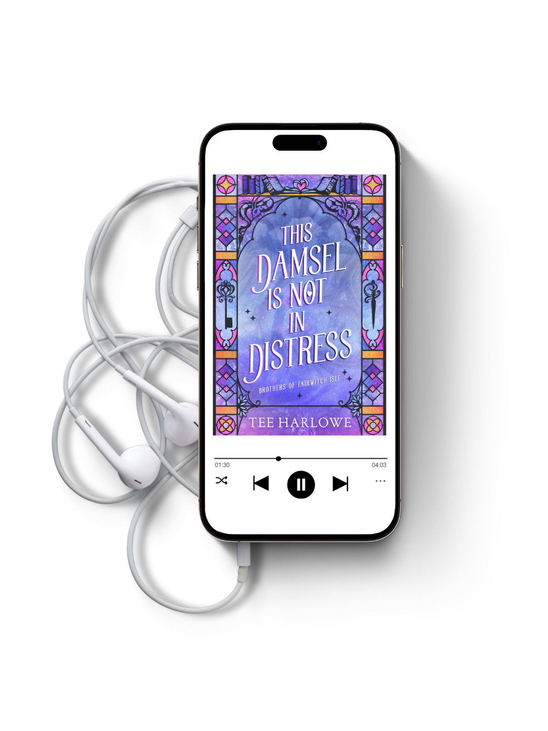Phone displaying an audiobook cover with earphones on a white background